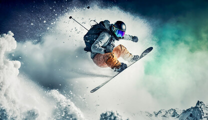 Jumping skier skiing. Extreme winter sports on mountain, AI generative.
