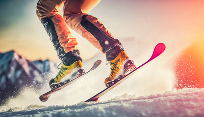 Jumping skier skiing. Extreme winter sports on mountain, AI generative.