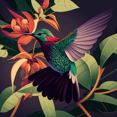 Generative ai of flying hummingbird with floral background