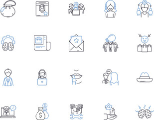 Business women outline icons collection. Businesswomen, Enterprising, Executives, Entrepreneurs, Professionals, Employers, Professionals vector and illustration concept set. Leaders, Managers