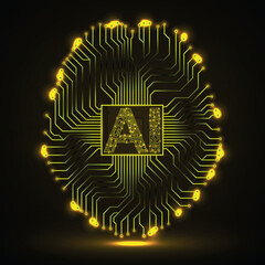 Abstract technological brain with Artificial Intelligence. Neon circuit board brain. Technology concept