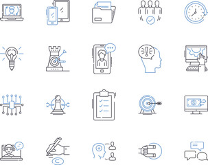 Business networking outline icons collection. Business, networking, contacts, leads, referrals, partners, collaboration vector and illustration concept set. resources, relationships, alliances linear