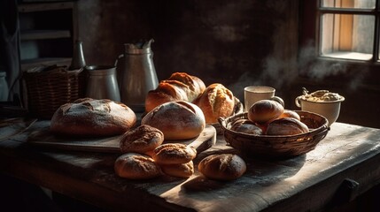 Different types of bread on the village table. Generative AI.