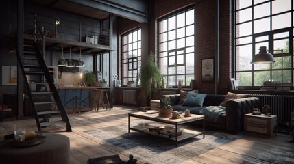 Living room loft in industrial style. Generative AI.