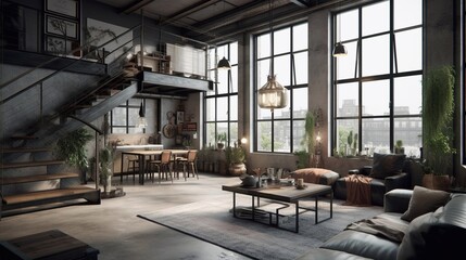 Living room loft in industrial style. Generative AI.
