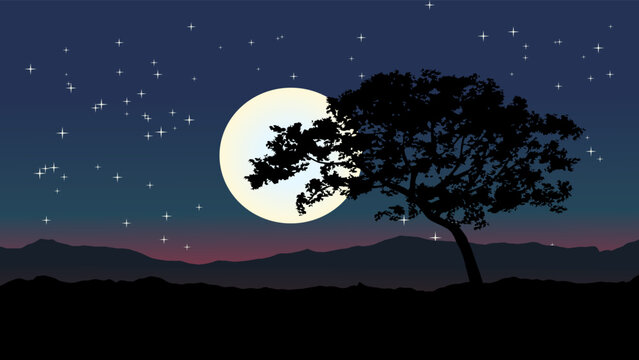 Vector night scene illustration with silhouette of a tree, full moon and stars