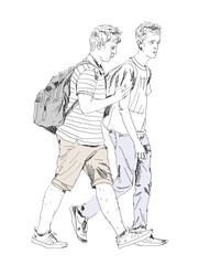 Fototapeta na wymiar Sketch, young boys with backpack walking in the city. Collection of silhouettes for your project. 