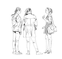 Sketch, group of young girls talking in the city. Collection of silhouettes for your project. 