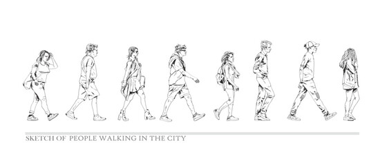 Sketch, group of people walking in the city. Collection of silhouettes for your project. Side view