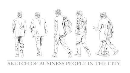 Sketch, group of business people walking in the city. Collection of silhouettes for your project. Back view