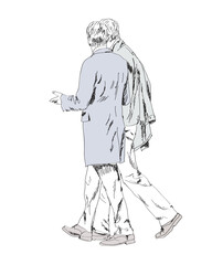 Sketch, business people walking in the city. Collection of silhouettes for your project. 