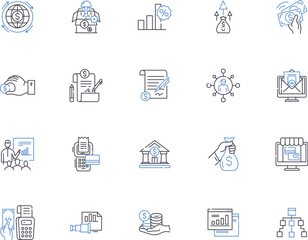 Finance services outline icons collection. Banking, Investing, Insurance, Funds, Credit, Loans, Accounting vector and illustration concept set. Brokerage, Taxation, Budgeting linear signs