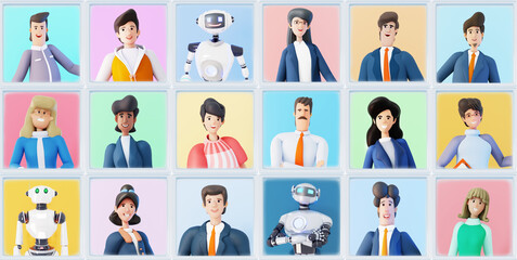 Fototapeta na wymiar Portraits of business people and robots. Characters smiling to camera. Online conference, video chat concept. 3D rendering illustration