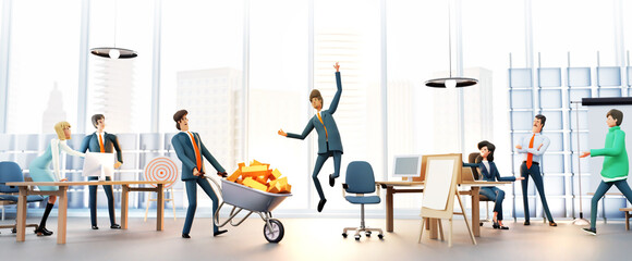 Successful businessman jumping up in office as symbol of success. Businessman pushing wheel barrow with golden ingots. 3D rendering illustration	