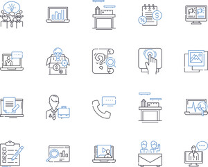 Company seminar outline icons collection. company, seminar, training, development, leadership, management, strategy vector and illustration concept set. marketing, sales, customer service linear signs
