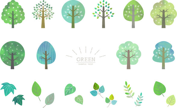 水彩風 緑の木々と葉のイラスト素材セット / vector eps