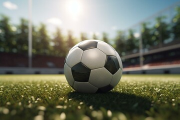 Fototapeta na wymiar Soccer, football ball on outdoor sport court, white and black ball on green lawn, 3d render. Generative AI