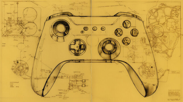 Fototapeta 19th century controller, game pad blueprint on parchment. Background for design, ventage, retro style. Generative AI. 