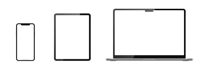 Set of laptop, tablet, phone on transparent background with transparent screen. Png illustration.