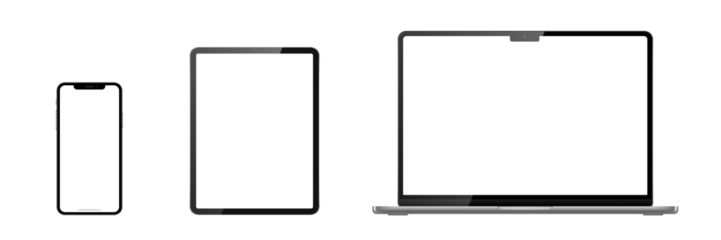 Set of laptop, tablet, phone on transparent background with transparent screen. Png illustration.