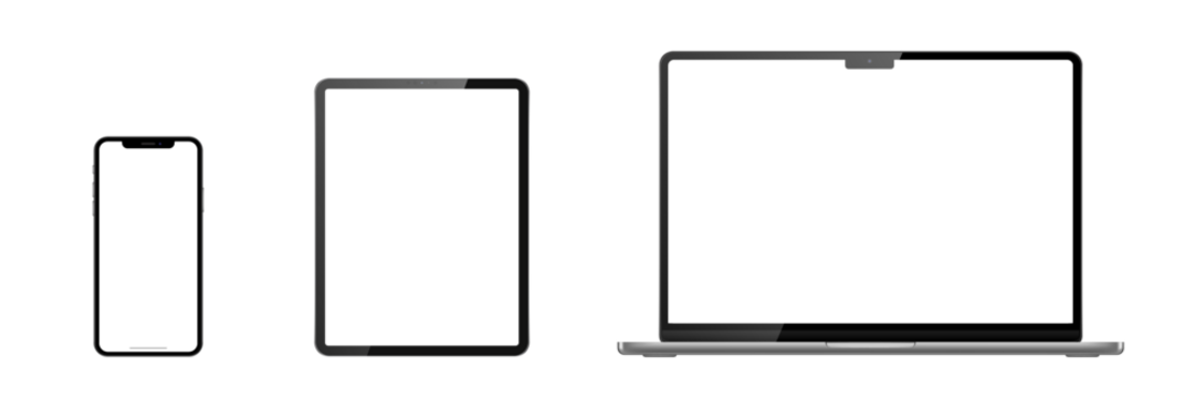 Set of laptop, tablet, phone on transparent background with transparent screen. Png illustration.