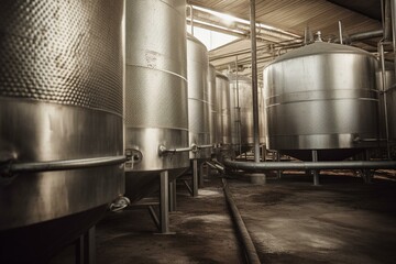 Naklejka na ściany i meble Stainless steel storage tanks and pipes for wine production at Salton Winery plant near Bento Goncalves. A friendly country town in southern Brazil famous for its high quality wine.. Generative AI