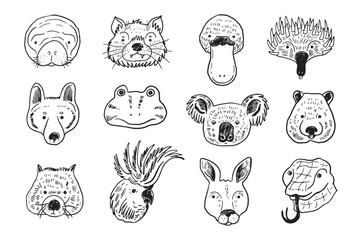 Arctic animals funny faces vector line illustrations set.