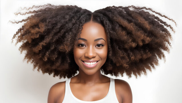 Portrait of young beautiful woman with bronw curly hairstyle and white top. Model studio shot. Copy space. Generative AI