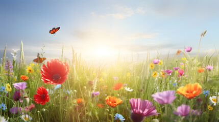 A butterfly flying in a flowery field, created with Generative AI