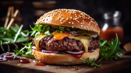 Traditional handmade burger with meat, cheese, lettuce, dressing and bread, close-up. Generative AI. - obrazy, fototapety, plakaty