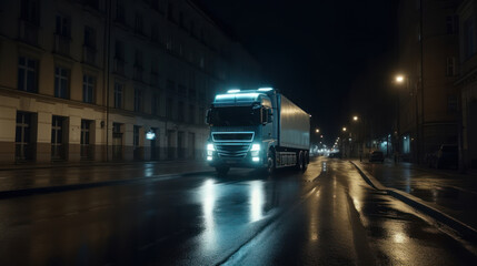 Fototapeta premium Truck on the road at night in the city. Concept of logistics. Generative AI