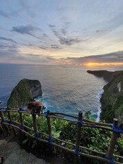 Kelingking Beach Nusa Penida : Monkey sitting on top of an idyllic beach in Bali at sunset