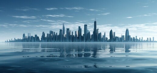 Fototapeta na wymiar Panoramic view of skyscrapers on the water surface. Generative AI