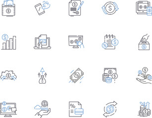 Payment outline icons collection. Fee, Remittance, Tribute, Dues, Spend, Compensation, Stipend vector and illustration concept set. Conferment, Yield, Expense linear signs