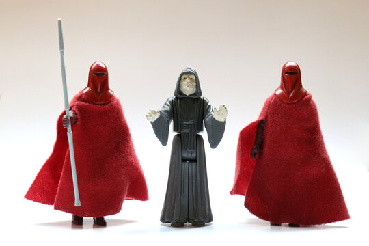 BERLIN - AUGUST 29, 2019: and Royal Guard Action Figures from Kenner Toys on White. This was released with the Movie "Return of the Jedi".