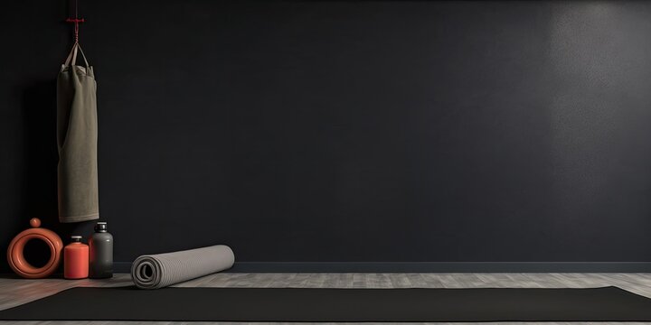 Gym interior with yoga mat and props. no people. Copy space on black wall at studio. Generative AI