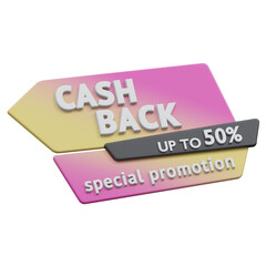 special promotion cash back upto 50 percent 3d render, transparent background, cash back badge
