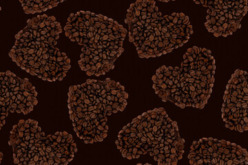 Seamless coffee pattern. Heap of roasted coffee beans in a heart shape on black background