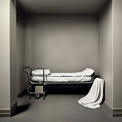 Illustration; An empty bed in a hospital cubicle; healthcare theme