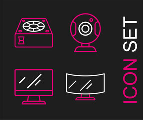 Set line Computer monitor screen, Web camera and cooler icon. Vector