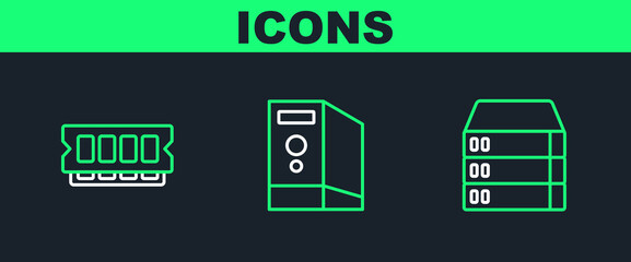 Set line Server, Data, Web Hosting, RAM, random access memory and Case of computer icon. Vector
