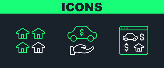 Set line Online real estate, Real and Car rental icon. Vector