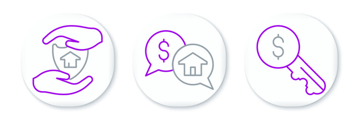Set line Rent key, House with shield and Price negotiation icon. Vector