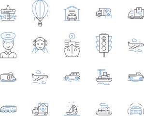 Transport and tour outline icons collection. Transport, Tour, Travel, Bus, Taxi, Car, Rail vector and illustration concept set. Flight,Airline,Cruise linear signs