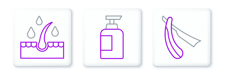 Set line Straight razor, Oil for hair care treatment and Bottle of shampoo icon. Vector