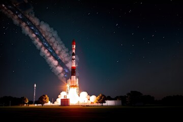 Ultra-realistic image of the Saturn V rocket taking off at night made with Generative AI technology