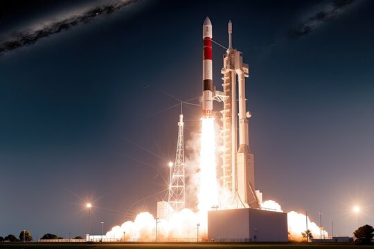 Ultra-realistic image of the Saturn V rocket taking off at night made with Generative AI technology