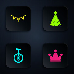 Set Jester hat with bells, Carnival garland flags, Unicycle or one wheel bicycle and Party. Black square button. Vector