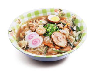 Japanese seafood ramen noodle soup with chashu and vegetables