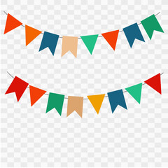 Obraz premium Colorful pennant bunting ribbon on transparent background. Happy carnival. Confetti festive colorful carnival illustration. Celebration background.